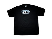 Heavyweight cotton t-shirt with Y2K-inspired mountain peaks logo, bold retro logo design in early 2000s aesthetic, streetwear style